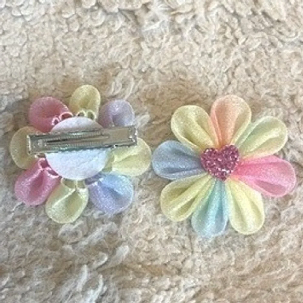 Pastel Rainbow Fabric Flower Hair Clips Glitter Heart Kids Alligator Clips 2pc